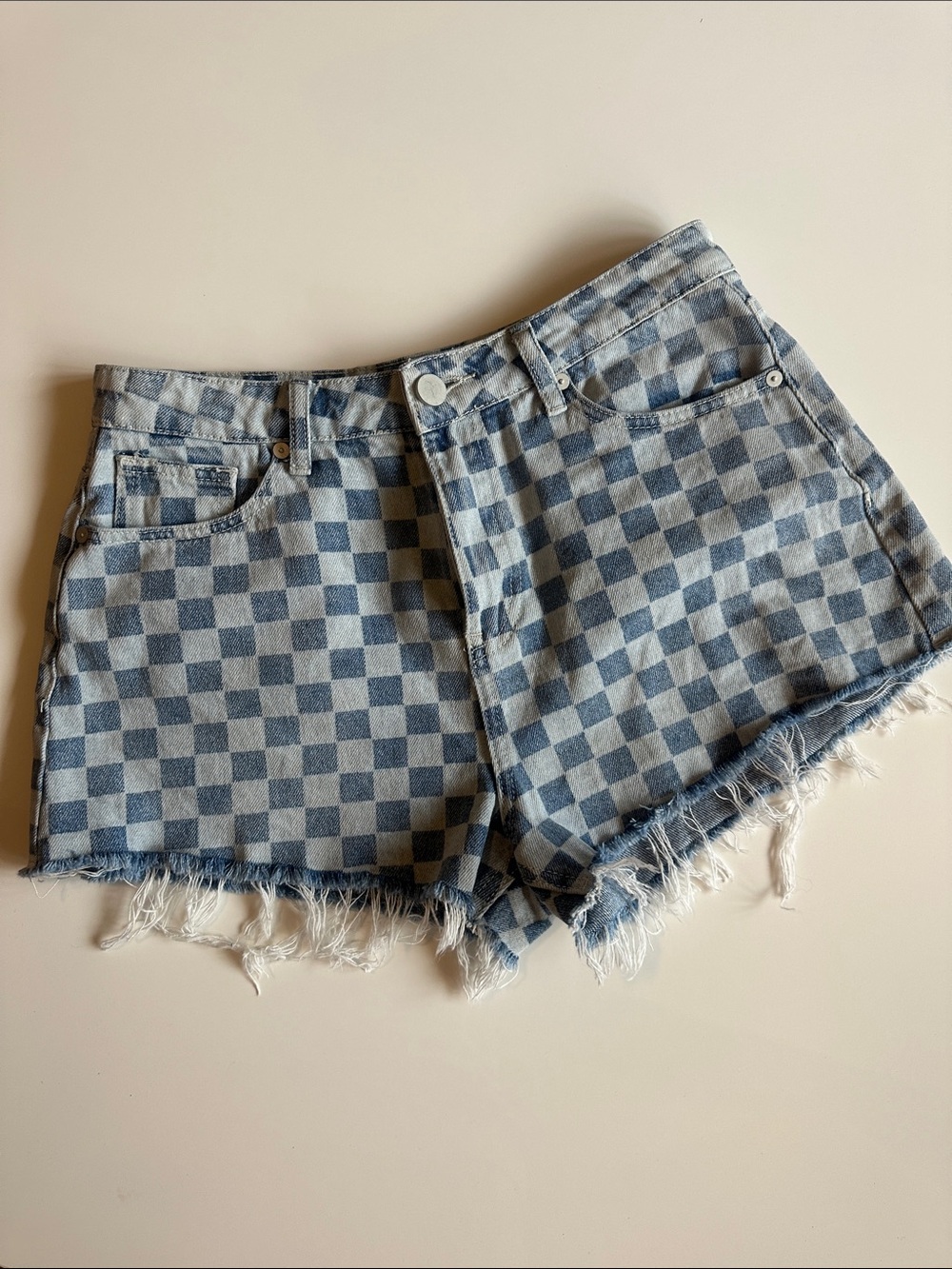 Aqua Checkerboard Denim Cutoff Shorts